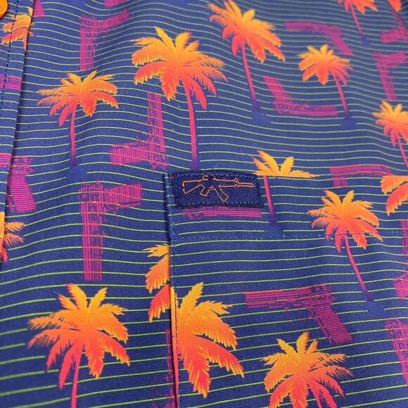 Retro Rifle Shirt Mens L Rising Palm Short Sleeve Button Down All Over Print - Picture 4 of 8